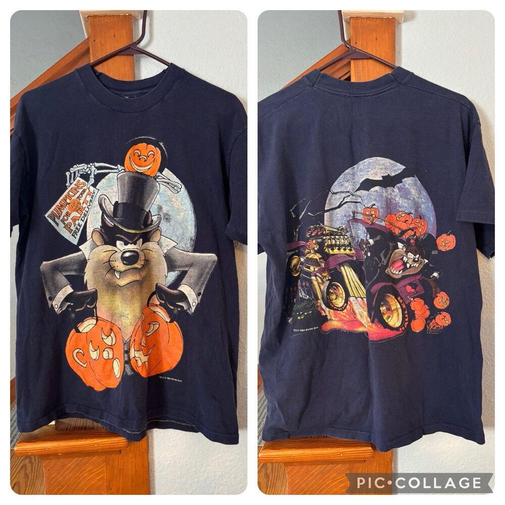 Vtg L Looney Tunes Taz Halloween Single Stitch T-Shirt double sided rare AOP
